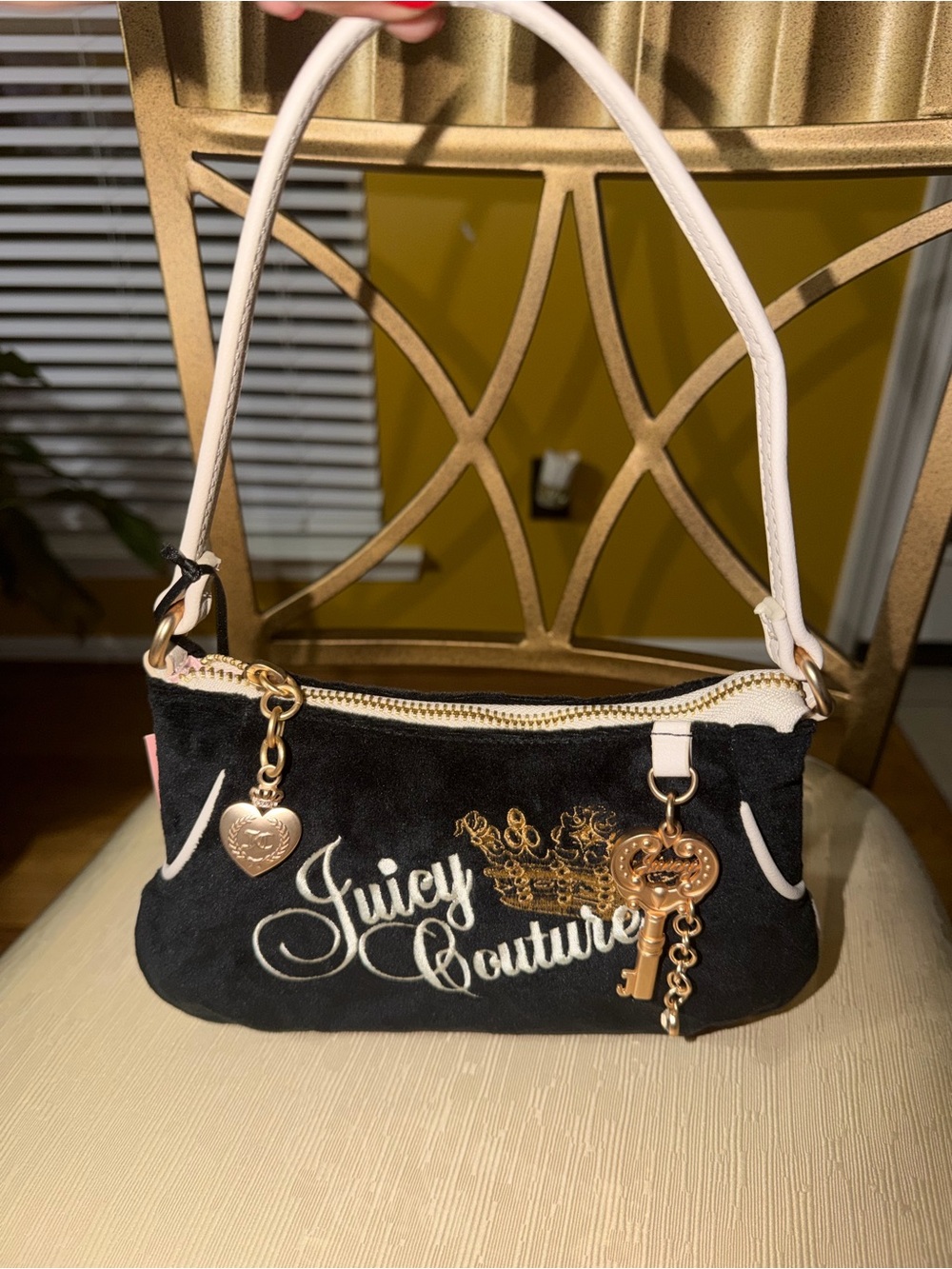Juicy Couture Black Suede Mini Shoulder Bag with Cream Handle and Gold Accents